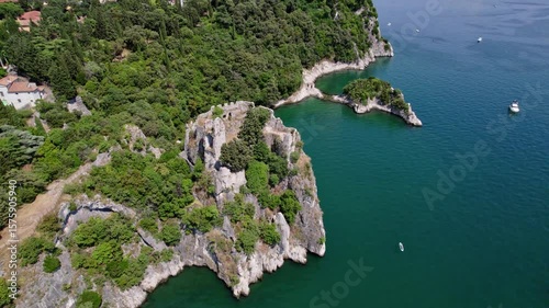 Castle Duino, Italy, bright sunny day, European historic castle, drone UHD shot