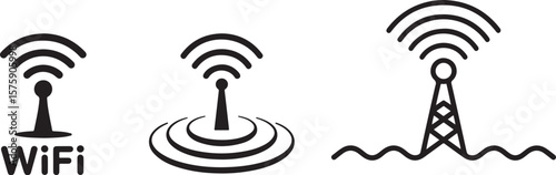 Three Black and White Wi Fi Signal Icons Depicting Wireless Internet Connectivity