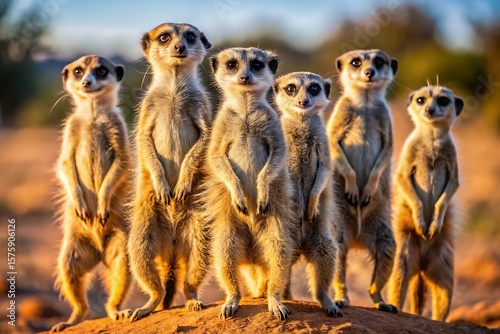 A group of meerkats stands together on a mound, alert and watchful
