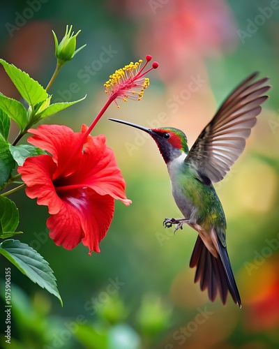A hummingbird hovers near a vibrant hibiscus flower, sipping nectar