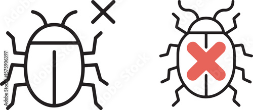 Two stylized insect illustrations one with a black X and the other with a red X on a white background