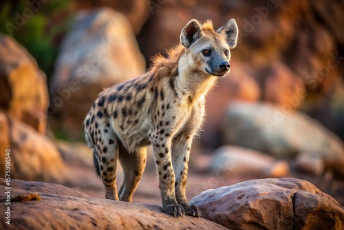 A spotted hyena stands alert on a rocky outcrop in the wild