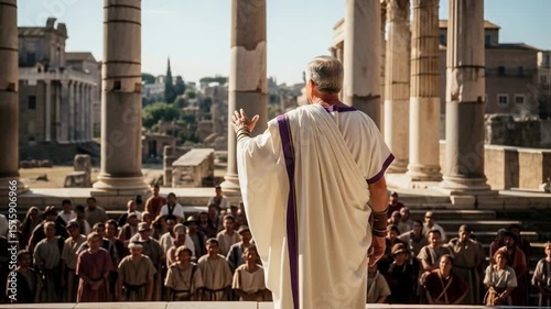 Roman senator or philosopher in a toga addresses a crowd in the ancient forum, a powerful scene of leadership, public speaking, democracy, politics and historical reenactment