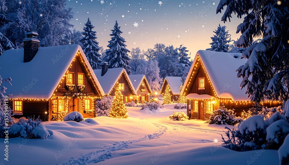 Fototapeta premium Snowy village, warm lights, Christmas