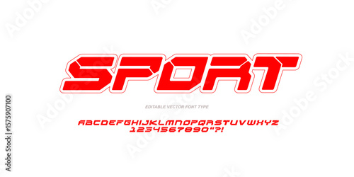 Sports font type with futuristic red bold letters and numbers, geometric text design for sports logos, dynamic typography for branding with energetic abbreviations - editable vector font
