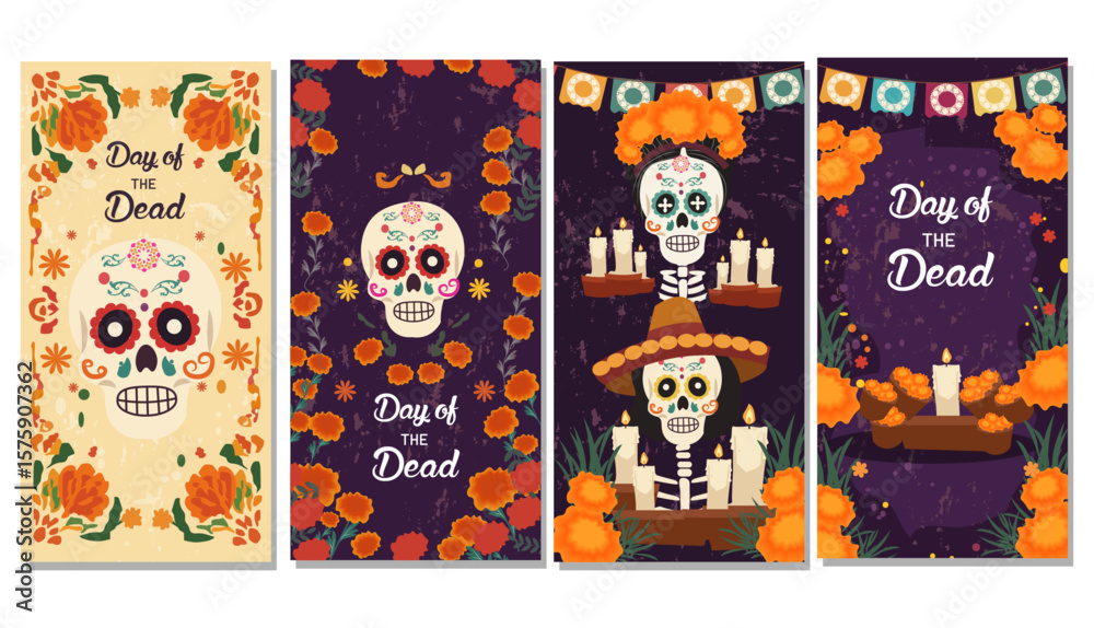 Fototapeta premium Colorful Day of the Dead Skull with Marigold Flowers Illustration