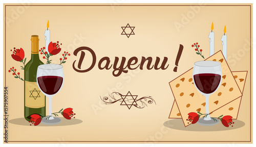 Dayenu! Passover Celebration Illustration with Wine, Matzah & Candles