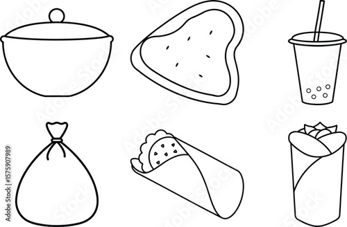 Flat style cooking pot sandwich milkshake burrito dumpling and bowl line art illustration