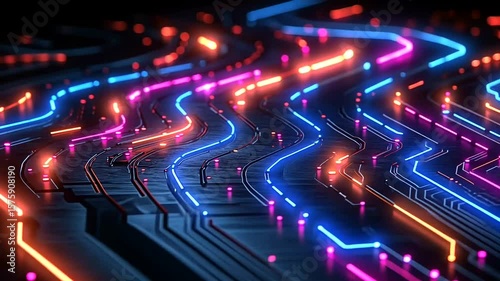 Neon circuit board pathways glow