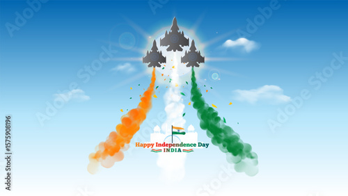 Happy Independence Day in india. freedom celebration concept. Air force fighter jet show parade, red fort and tricolor patriotic background.
