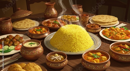 A lavish spread of diverse Indian dishes on a wooden table, steaming with aromatic food, presented in traditional clay pots and plates