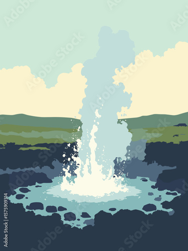Strokkur Geyser, Iceland – rhythmic plume against dark lava fields in steam white, black rock, moss green, and pale sky