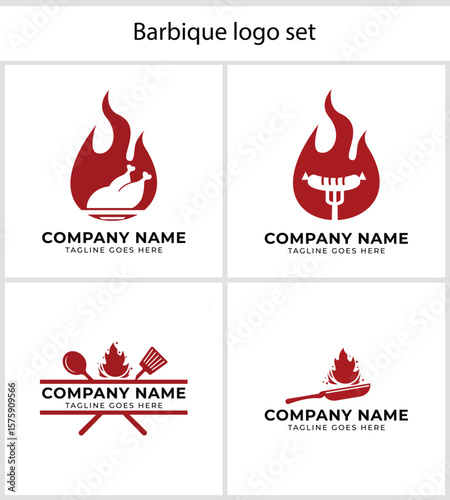Collection of Barbecue Restaurant Logos Featuring Grill Flames Chicken Sausages and Cooking Utensils for Business Branding Purposes
