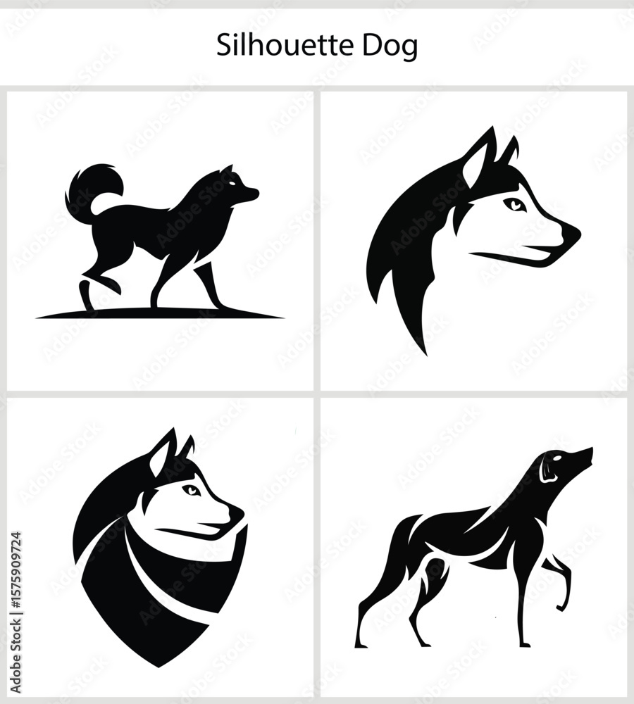 Obraz premium Silhouette Dog Illustrations A Collection of Canine Art Depicting Various Dog Breeds in Striking Black and White Silhouettes