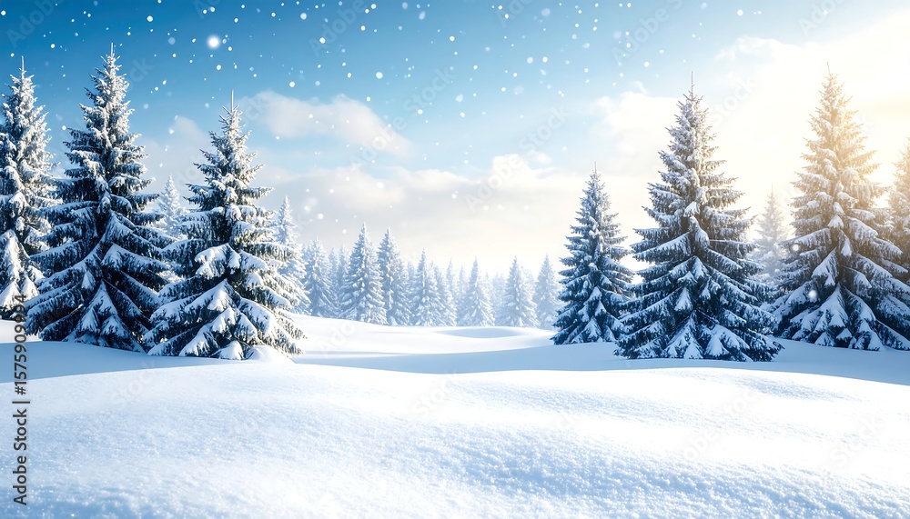 Naklejka premium Snowy winter landscape with fir trees