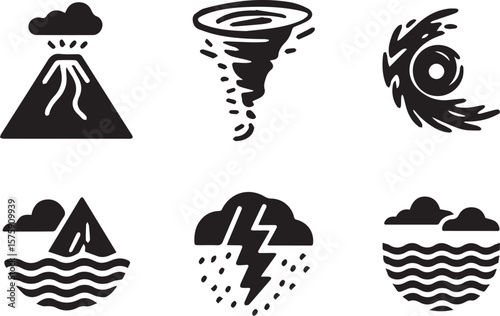 Natural hazards icon set in black color. Natural Disasters icon set.