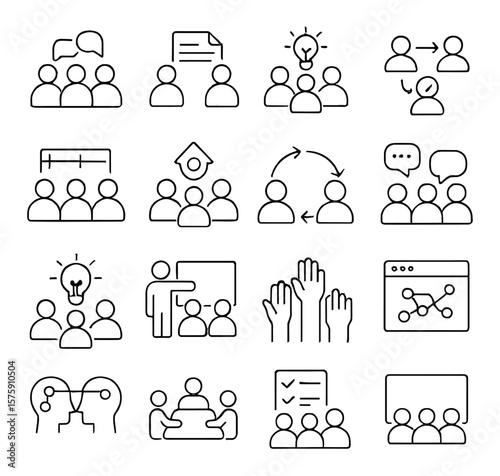 Team Collaboration line art icons. group discussion, shared document, brainstorming, task sharing, project timeline, team goals, feedback loop, group chat, idea bulb, whiteboard