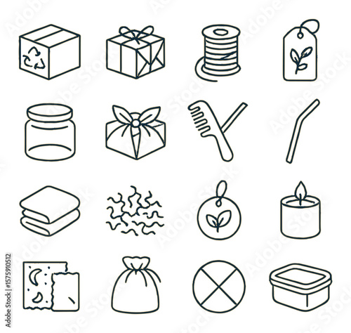 Eco-friendly gift boxes line art icons. recycled paper box, kraft paper wrap, hemp twine, seed paper tag, glass jar, fabric wrap, wooden comb, metal straw, reusable cloth, paper