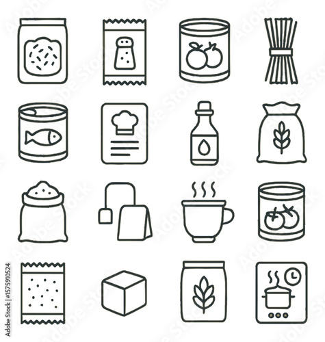 Meal kits line art icons. rice pack, spice sachet, canned vegetables, pasta, canned protein, recipe card, small oil bottle, flour, sugar, tea, instant soup, canned tomatoes, salt