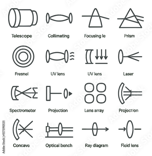 Scientific lenses line art icons. telescope objective, collimating lens, focusing lens, prism lens, Fresnel lens, infrared lens, UV lens, laser lens, spectrometer lens, projection