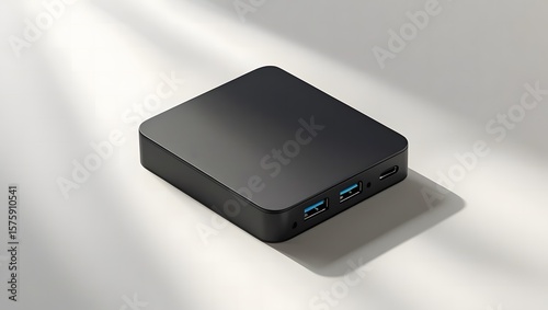 External hard drive mockup USB-C port visible, black matte texture, angled top view on seamless white background, realistic lighting and shadow
