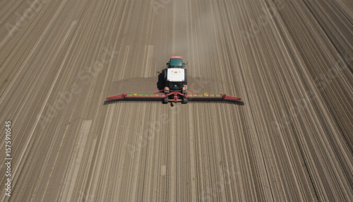 Aerial view of a tractor seeding a vast, precisely tilled field. Represents modern agriculture, efficiency, and large-scale food production