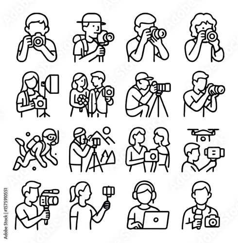 Camera user types line art icons. hobbyist photographer, travel vlogger, pro photographer, street shooter, studio photographer, wedding photographer, wildlife shooter, sports