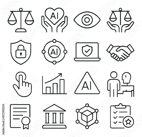 AI Ethics & Safety line art icons. bias scale, ethical AI symbol, transparency eye, fairness icon, data privacy shield, explainable AI, safe AI barrier, trust in AI, consent icon,