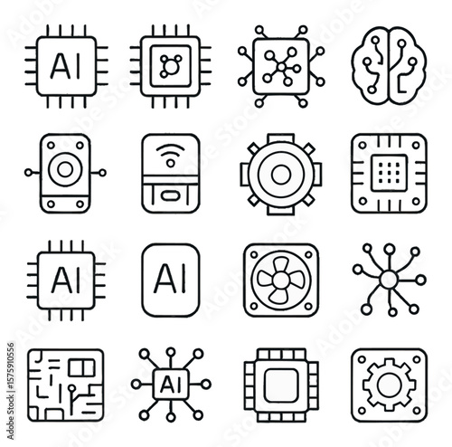 AI Hardware line art icons. AI chip, GPU processor, neural accelerator, circuit brain, sensor module, edge device, robotic core, FPGA board, microcontroller with AI, embedded AI