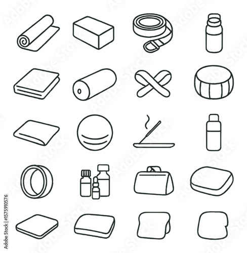 Yoga gear line art icons. yoga mat, yoga block, yoga strap, foam roller, towel, bolster, resistance band, water bottle, eye pillow, balance ball, incense holder, meditation cushion