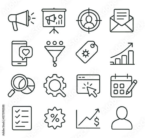 Marketing and sales line art icons. megaphone, campaign board, target customer, email newsletter, social media icon, lead funnel, promotion tag, conversion chart, market research,