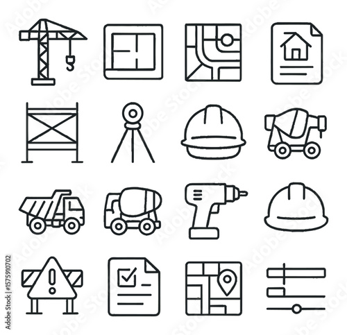 Construction and development line art icons. crane icon, blueprint, site plan, construction barrier, scaffold tower, survey marker, builder helmet, planning document, dump truck,