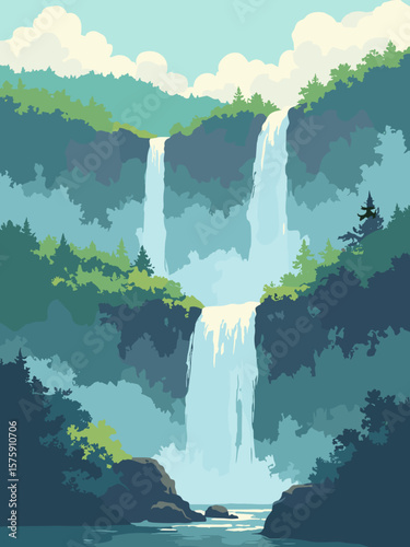 Iguazú Falls, Argentina – layered waterfalls through dense rainforest with emerald green, aqua spray, cliff gray, and rainbow mist
