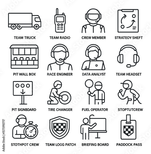 Racing team icons line art icons. team truck, team radio, crew member, strategy sheet, pit wall box, race engineer, data analyst, team headset, pit signboard, tire changer,