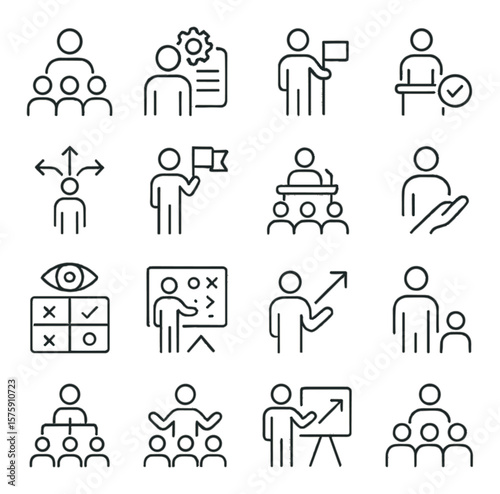 Leadership Roles line art icons. team leader, project manager, delegation icon, coaching session, decision making, leadership flag, motivational speech, supervisor check, vision