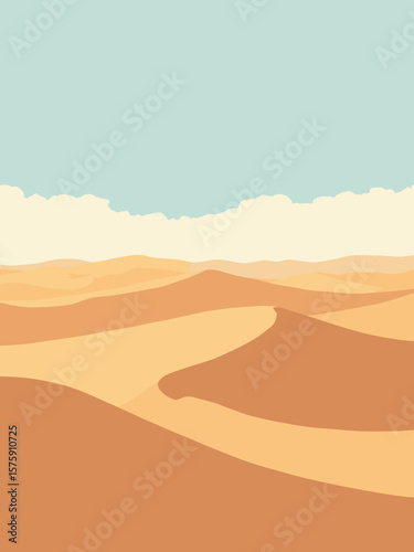 Sahara Desert, Algeria – endless golden dunes with sweeping wind shapes in ochre, burnt orange, beige, and pale blue sky