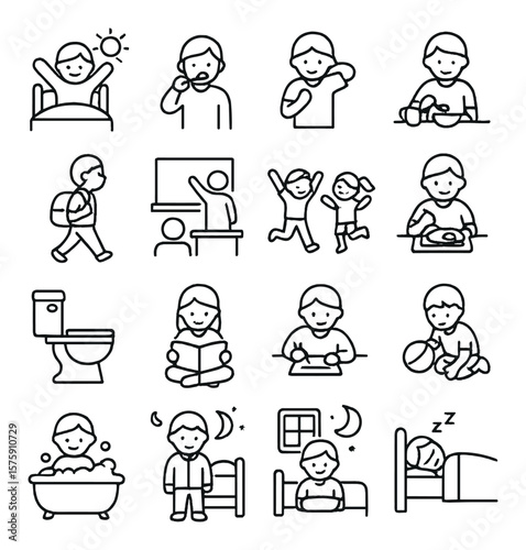 Daily routine line art icons. wake up, brush teeth, get dressed, eat breakfast, go to school, classroom, recess, eat lunch, bathroom, reading, homework, playtime, dinner, take bath