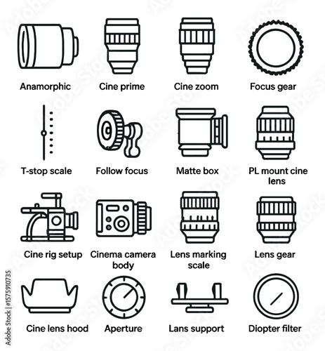 Cinematic lenses line art icons. anamorphic lens, cine prime lens, cine zoom lens, focus gear ring, T-stop scale, follow focus unit, matte box, PL mount cine lens, cine rig setup,
