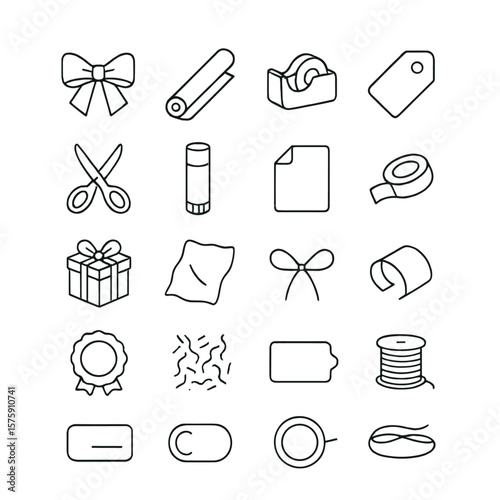 Gift wrapping elements line art icons. ribbon bow, wrapping paper roll, tape dispenser, gift tag, scissors, glue stick, folded paper, double-sided tape, gift box, tissue paper,