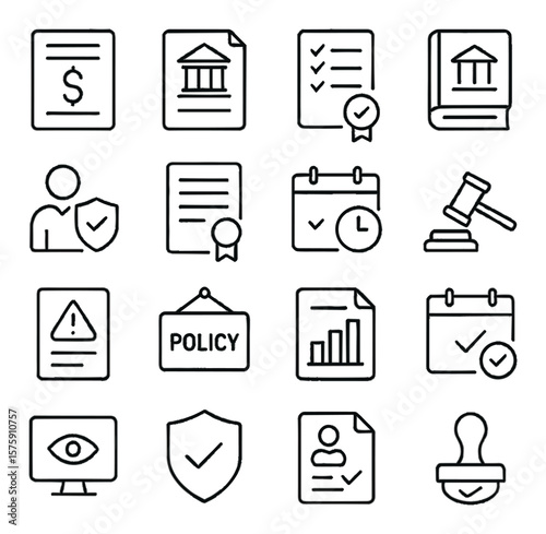 Regulatory compliance line art icons. tax form, legal document, compliance checklist, regulation book, licensing icon, audit certificate, deadline calendar, statutory law icon,