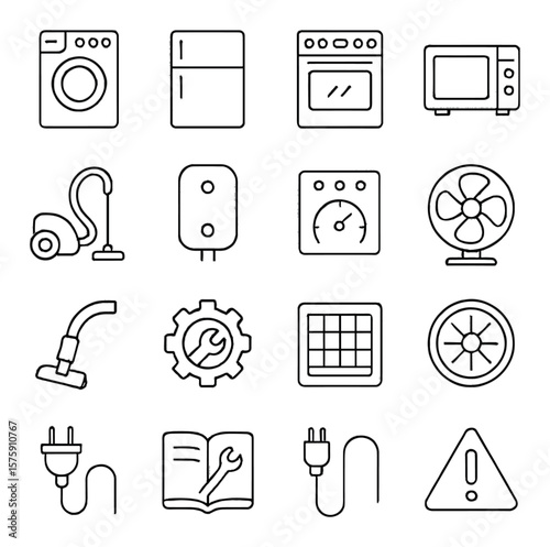 Appliance service line art icons. washing machine, refrigerator, oven icon, microwave, vacuum cleaner, water heater, control panel, fan motor, hose attachment, service wrench,