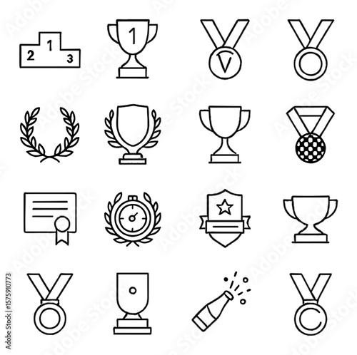 Motorsport trophies and awards line art icons. podium icon, 1st place trophy, silver medal, bronze medal, laurel wreath, championship shield, race cup, checkered ribbon, award