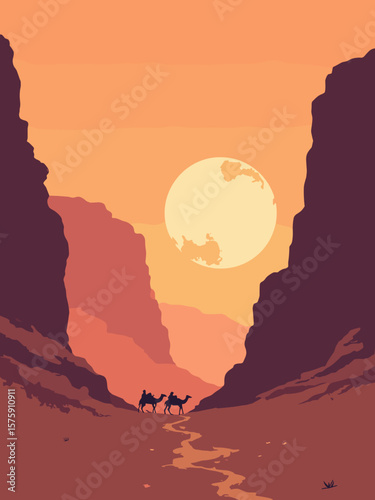 Wadi Rum, Jordan – red sandstone valley at sunset with copper cliffs, camel tracks, and orange sky glow