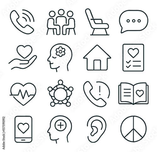 Mental health resources line art icons. phone helpline, support group icon, therapist chair, message bubble, empathy hand, calm mind, safe space, self-care checklist, heart monitor