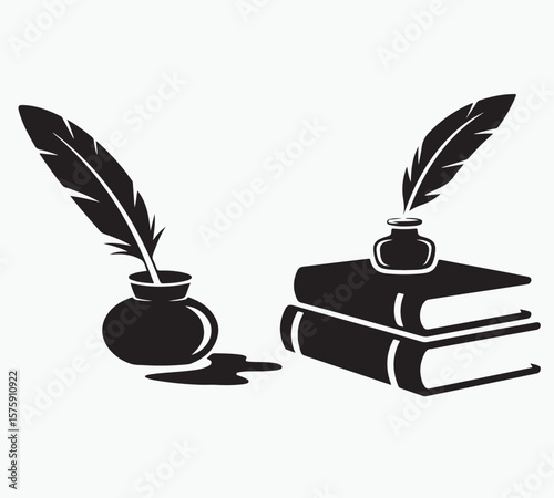 Black Inkwell and Feather with Books Vector Illustration