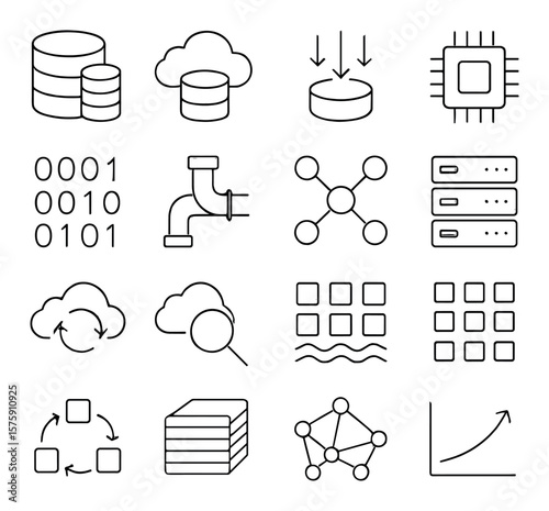 Big Data line art icons. database cluster, cloud storage, data stream, processing chip, binary code, data pipeline, distributed nodes, server rack, cloud sync, query icon, data