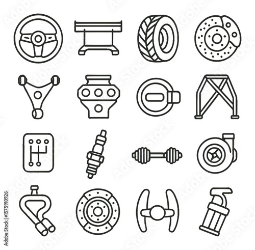 Car parts and components line art icons. steering wheel, spoiler wing, tire icon, brake disc, suspension arm, engine block, fuel cap, roll cage, gearbox, spark plug, driveshaft,