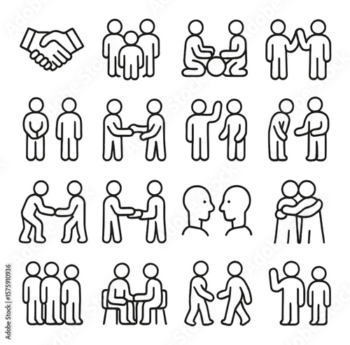 Social situations line art icons. handshake, group circle, playing together, greeting, waiting turn, sharing, asking, apologizing, helping, giving, eye contact, hugging, standing