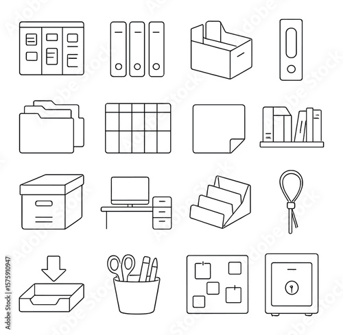 Office organization line art icons. task board, file labels, drawer divider, binder icon, file folder set, weekly planner, sticky label, shelf organizer, archive icon, workspace