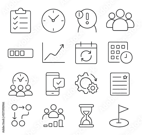 Productivity Tools line art icons. checklist board, time tracker, deadline icon, focused team, progress bar, productivity graph, calendar sync, time block icon, team timer, smart